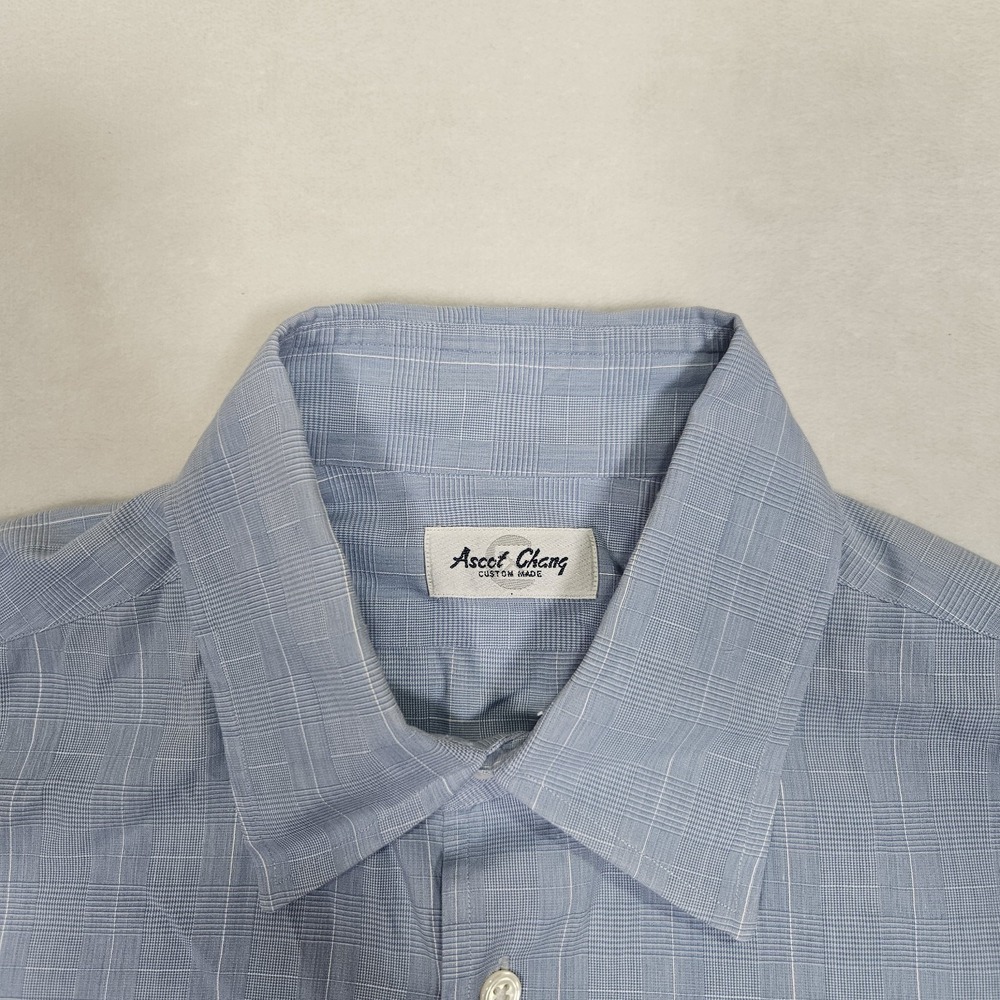 Ascot Chang Men's Shirt‎ Size (L) Blue White Custom Made in Hong Kong Vtg